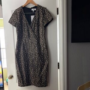 NWT Belle Badgley Mischka Black and Gold Sequin animal print Midi Dress. Sz 12